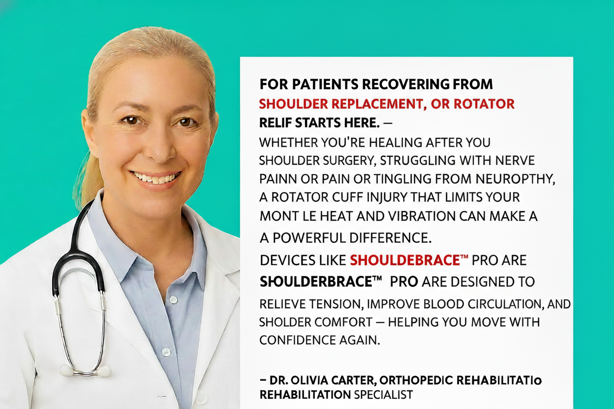 For patients recovering from shoulder replacement, neuropathy, or rotator cuff injury — relief starts here.

Whether you’re healing after shoulder surgery, struggling with nerve pain or tingling from neuropathy, or dealing with a rotator cuff injury that limits your movement, gentle heat and vibration therapy can make a powerful difference.

Devices like ShoulderBrace™ Pro are designed to relieve tension, improve blood circulation, and restore long-term shoulder comfort — helping you move with confidence ag