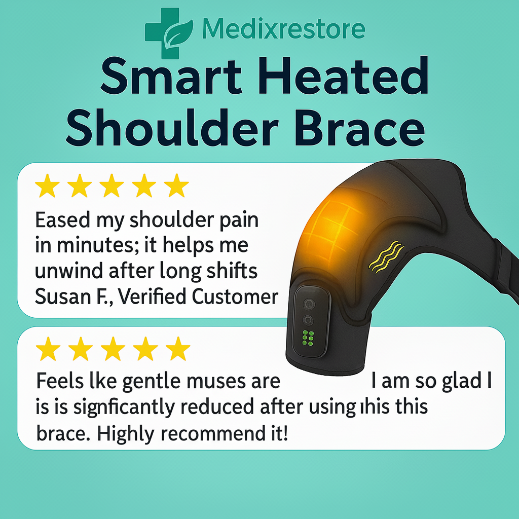 Smart heated shoulder brace with customer testimonials on a teal background